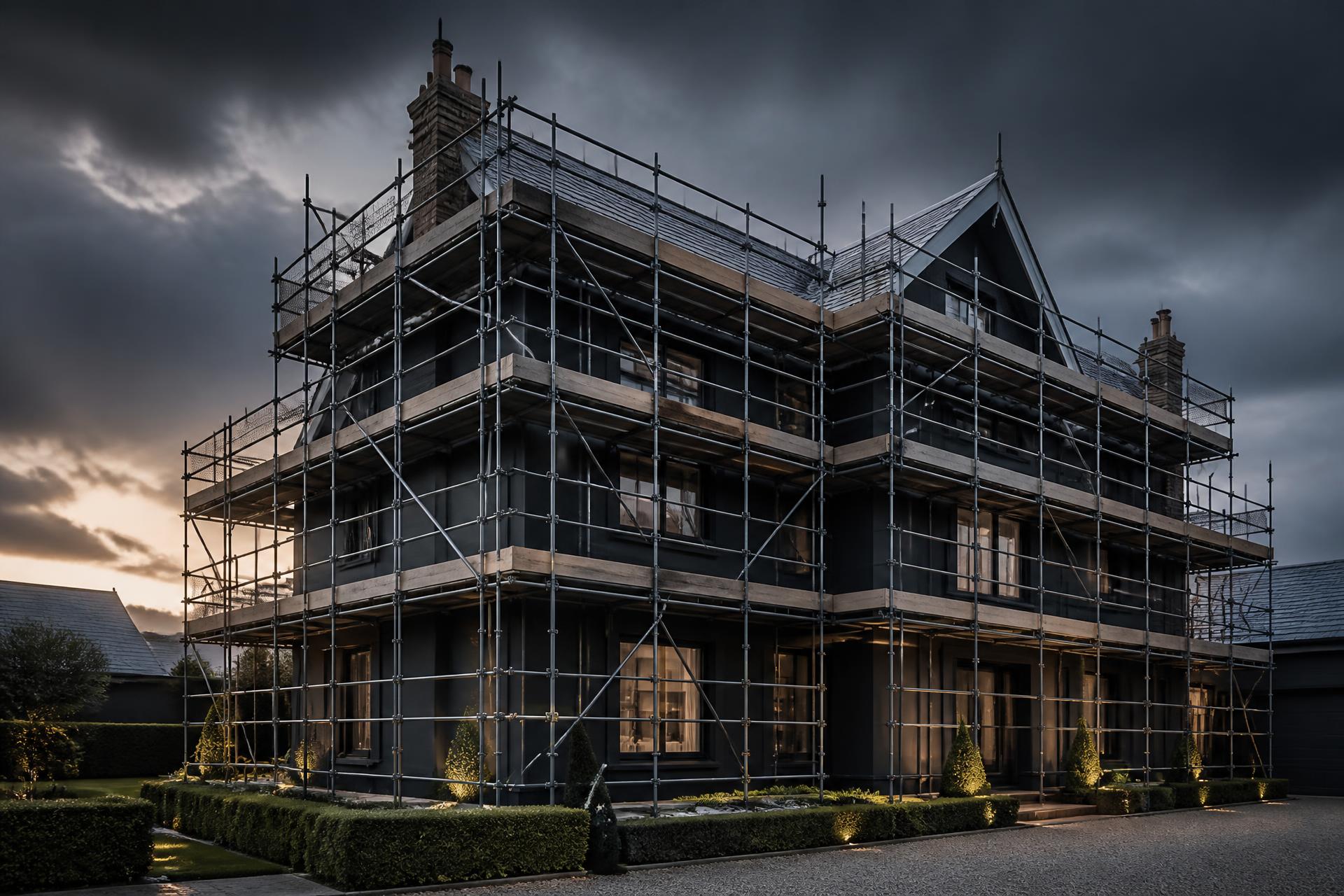 Luxury detached property surrounded by professionally installed scaffolding at dusk