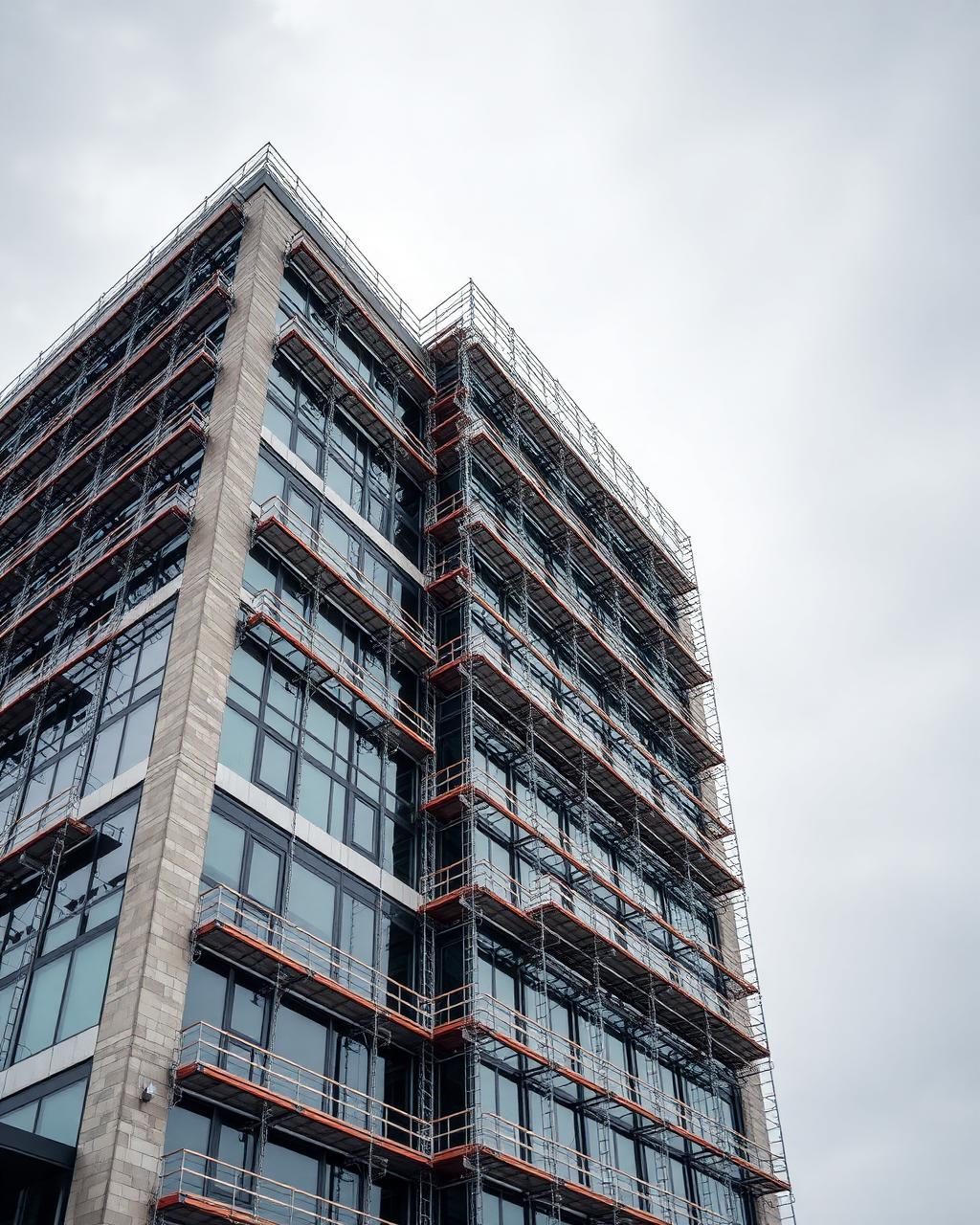 Commercial scaffolding system clad around a multi-storey office building