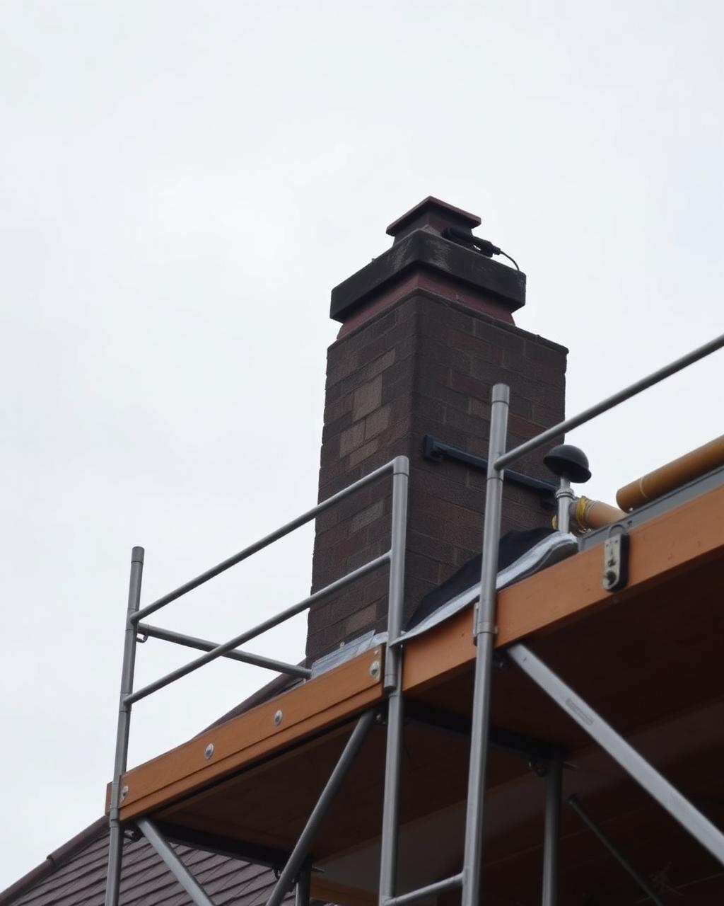 Scaffold platform with guardrails providing safe access to a roofline and chimney stack